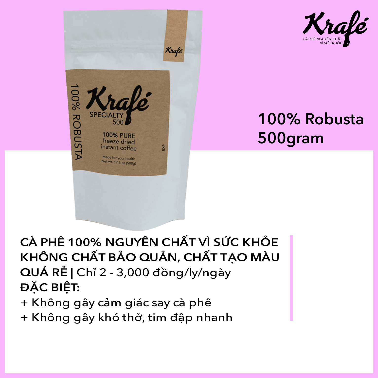 Cà phê hòa tan sấy lạnh uống liền krafé 100% robusta | 500 gram - specialty