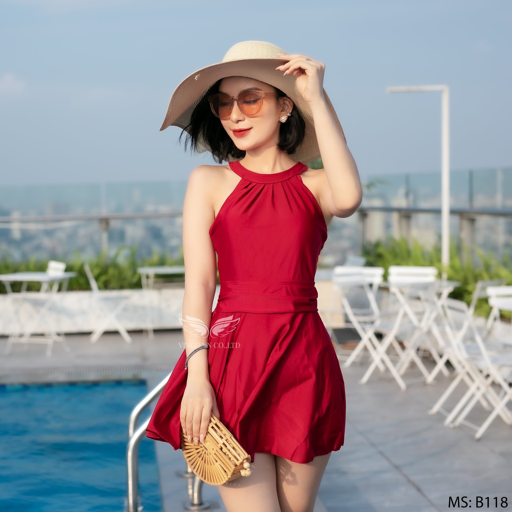 Set đồ bơi bikini nữ liền thân VINGO thiết kế cổ yếm thanh lịch váy xòe có quần đùi kín đáo đi biển mùa hè B118 VNGO