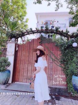 SÉT VÁY ÁO NÚT TAY BÈO KÈM VÁY XÒE