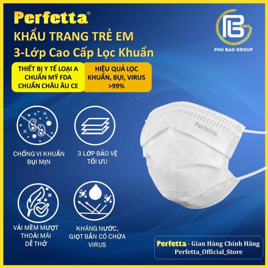 Khẩu trang y tế Perfetta Trẻ em 3 lớp kháng khuẩn, kháng virut màu TRẮNG (35 cái/ hộp) đóng gói riêng từng cái
