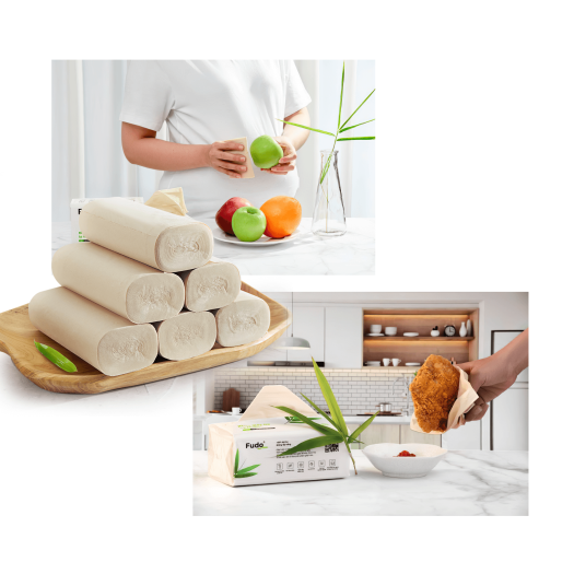 Khăn giấy tre Fudo - Combo (4 gói giấy rút + 10 cuộn không lõi) - Giấy vệ sinh Fudo: 100% bột tre, không tạo mùi, không tẩy trắng