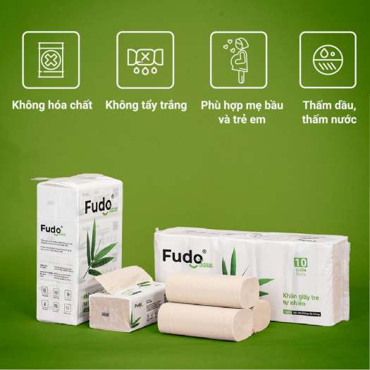 Khăn giấy tre Fudo - Combo (4 gói giấy rút + 10 cuộn không lõi) - Giấy vệ sinh Fudo: 100% bột tre, không tạo mùi, không tẩy trắng