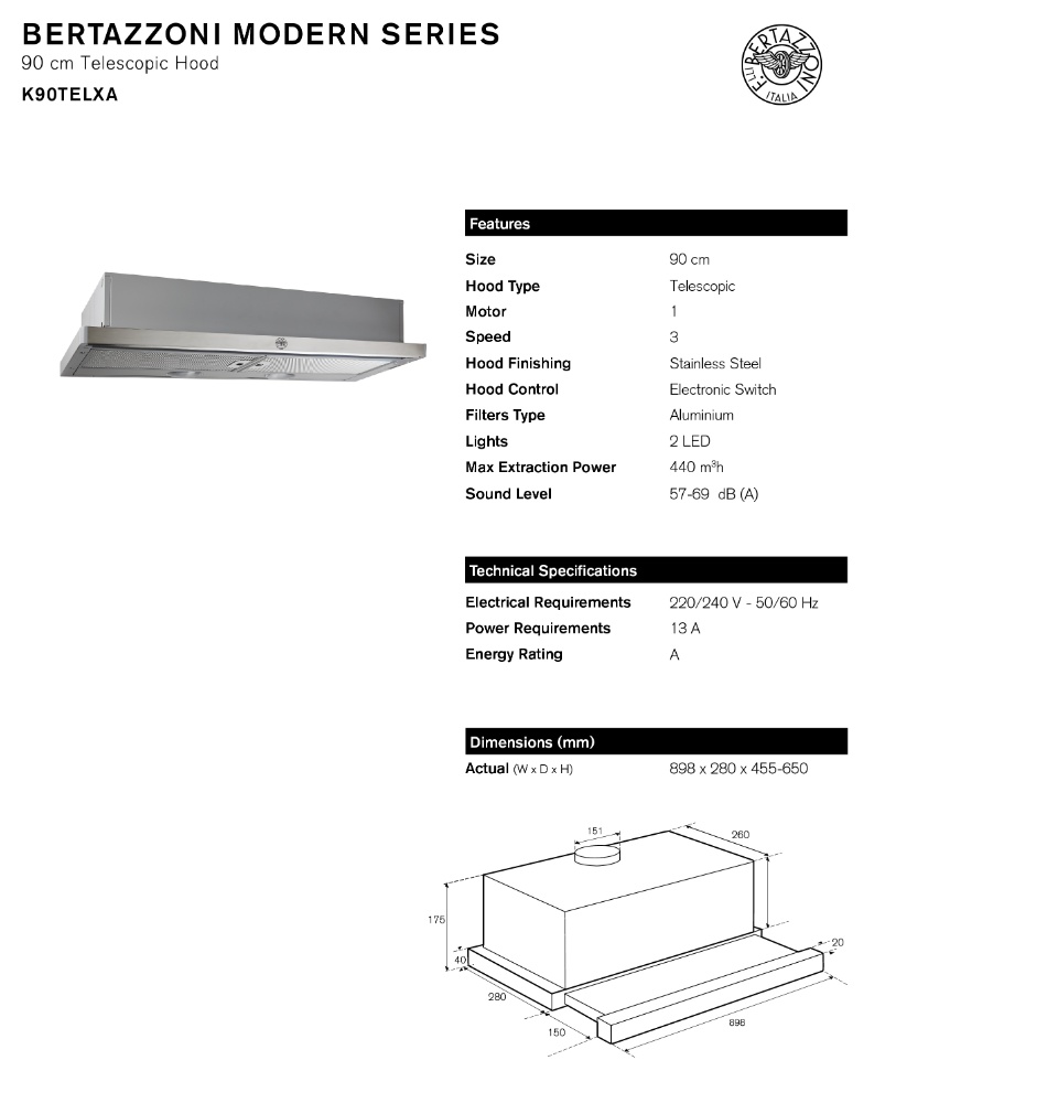 Bertazzoni K90TELXA Teleskophaube, 90 cm