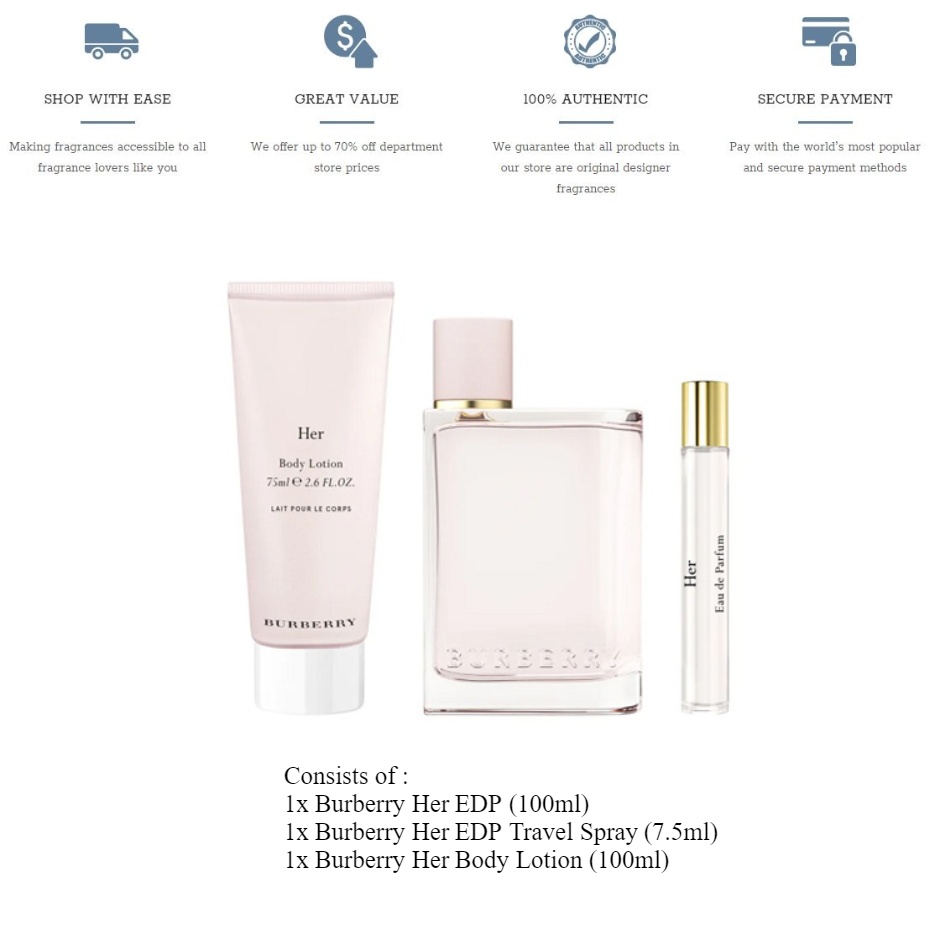 The New Burberry Her 3 Pcs Gift Set for Women 100ml EDP+ Travel  Spray+100ml Body Lotion Eau de Parfum White | Lazada PH