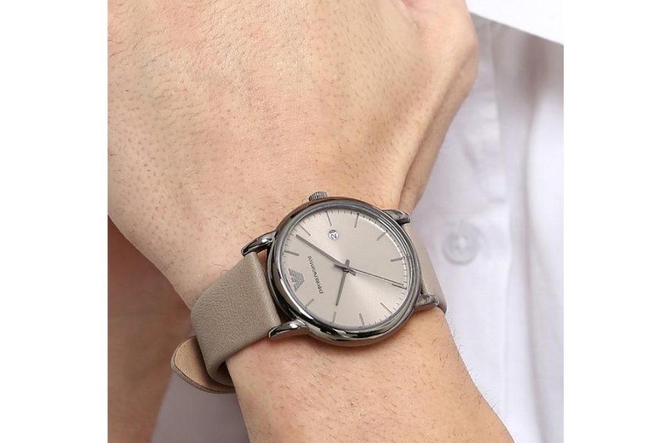 Emporio Armani AR11116 Taupe Leather Men's Analog Gray Dial Date