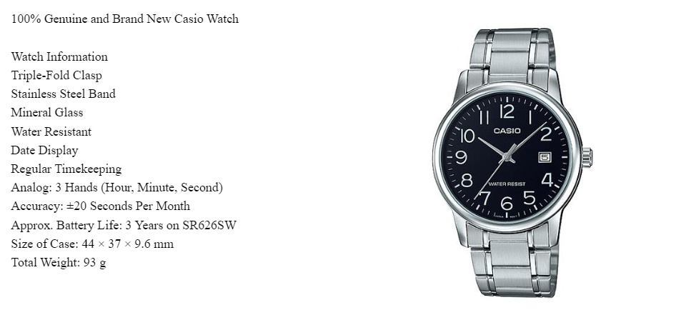 Casio MTP-V002D-1B Analog Black Dial Stainless Steel Date Quartz