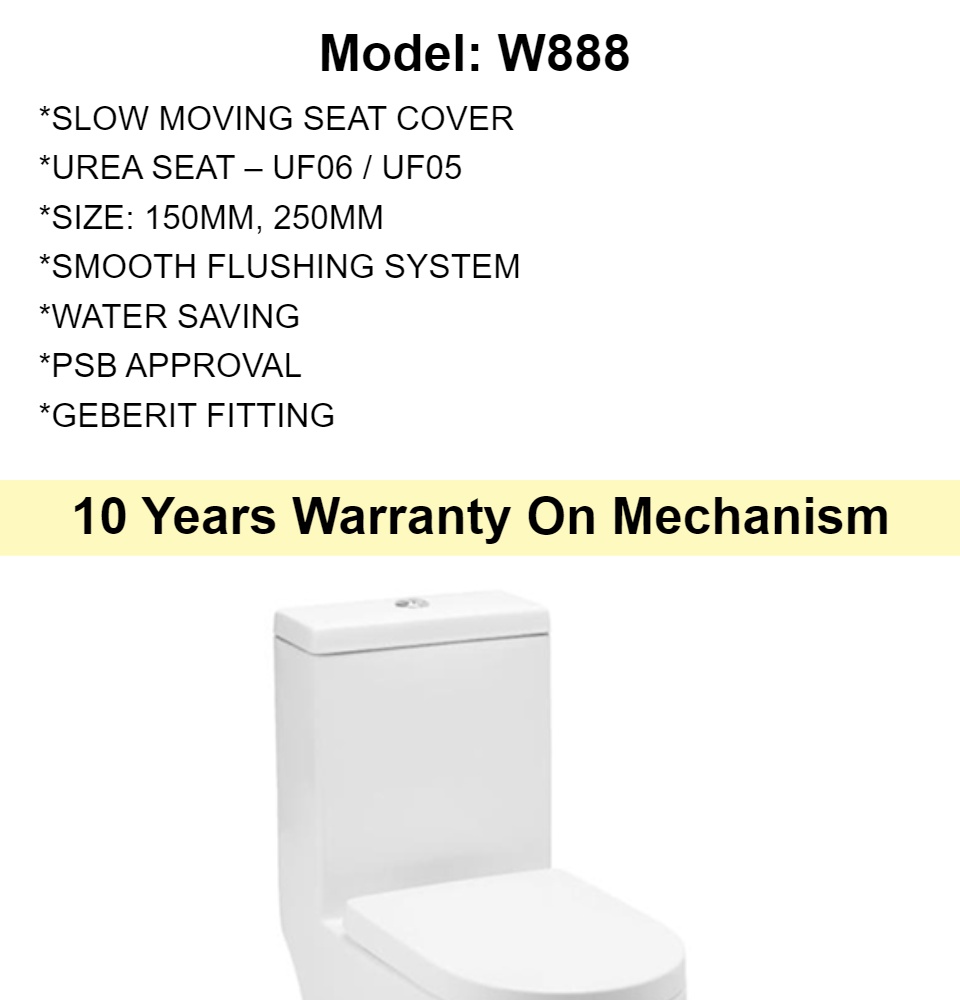 W888 One Piece Toilet Bowl *10 Years warranty on Mechanism* 150mm