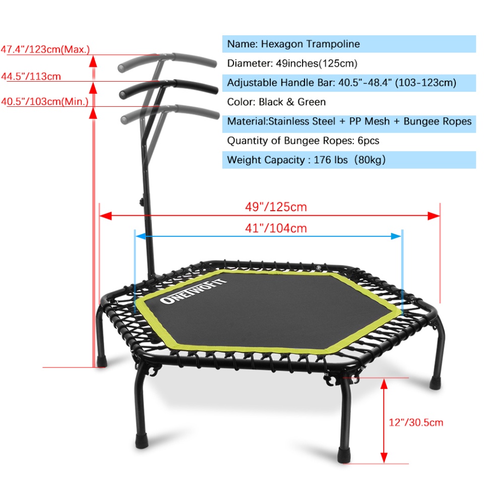 ONETWOFIT 51 Silent Trampoline with Adjustable Handle Bar Fitness Trampoline Bungee Rebounder Jumping Cardio Trainer Workout for Adults 