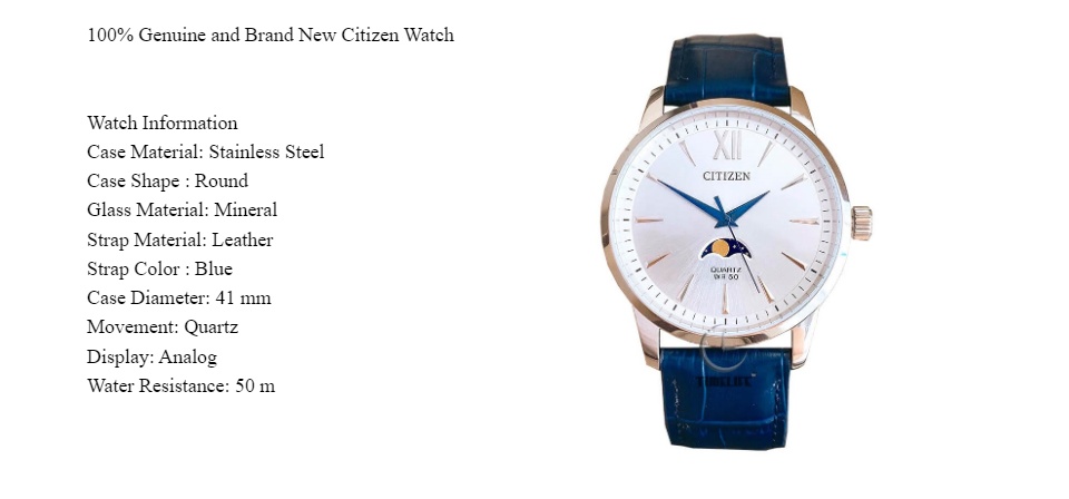 Citizen AK5000-03A Quartz Analog Moon Phase Blue Leather