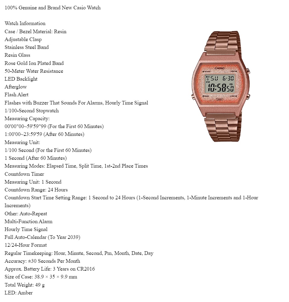 Casio B640WCG-5D Popular Vintage Design Rose Gold Stainless Steel Digital  Watch