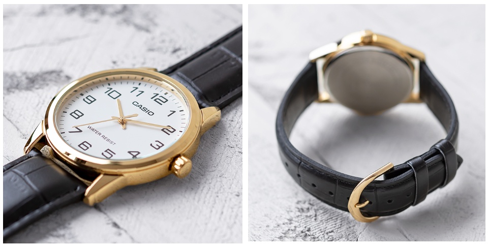 Casio MTP-V001GL-7B White Dial Black Leather Strap Gold Tone