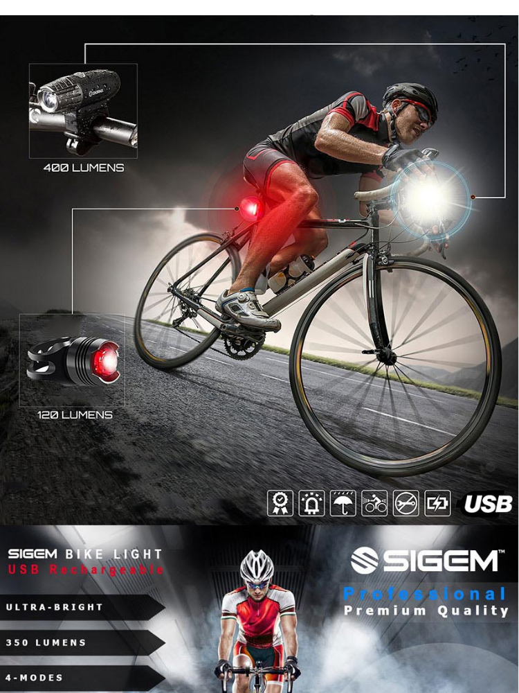 USB Rechargeable LED Bike Bicycle Cycling Headlight Front Light Tail Rear Lamp