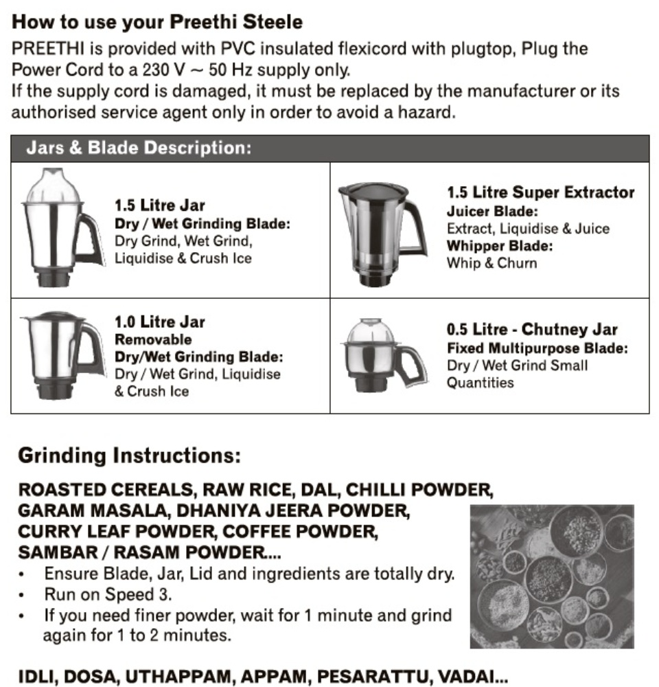 Preethi Steele Plus 600W / 700W Mixer Grinder with Super Extractor