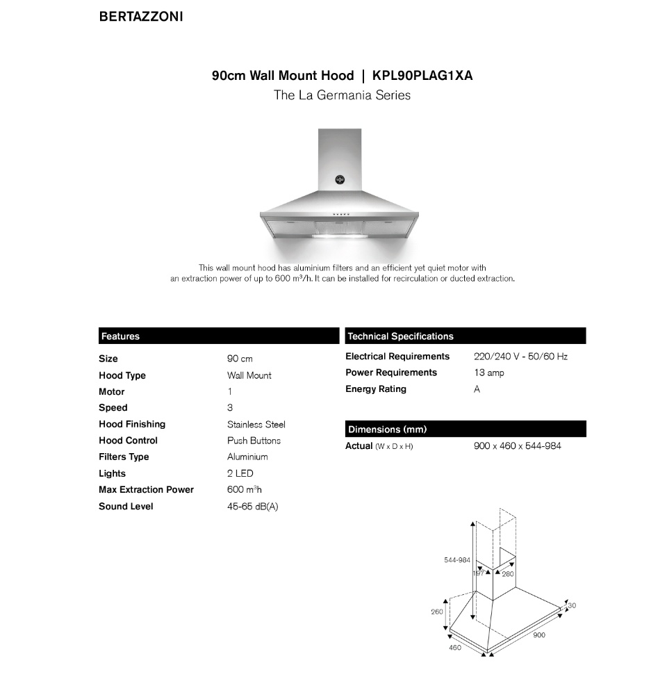 Bertazzoni KPL90PLAG1XA 90cm Wall-mount Hood · v10