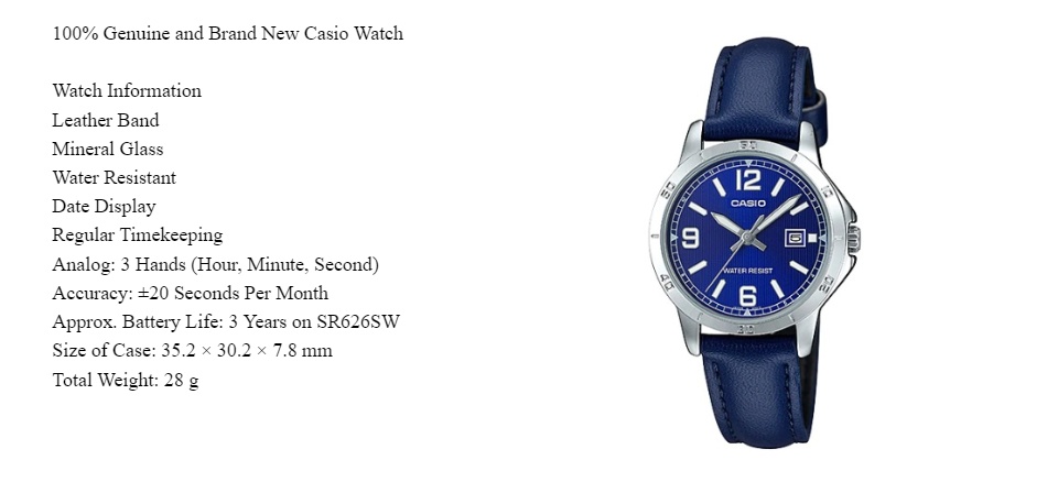 Casio MTP-V004L-2B Orologio da uomo standard con cinturino in pelle blu quadrante blu con data, Blu