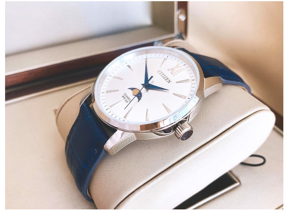 Citizen AK5000-03A Quartz Analog Moon Phase Blue Leather