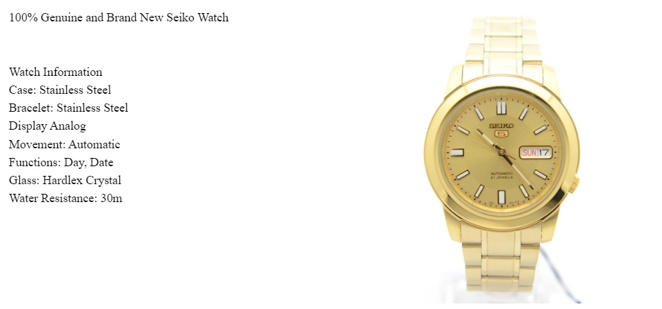 Seiko 5 SNKK20K1 Automatic Gold Tone Stainless Steel Analog