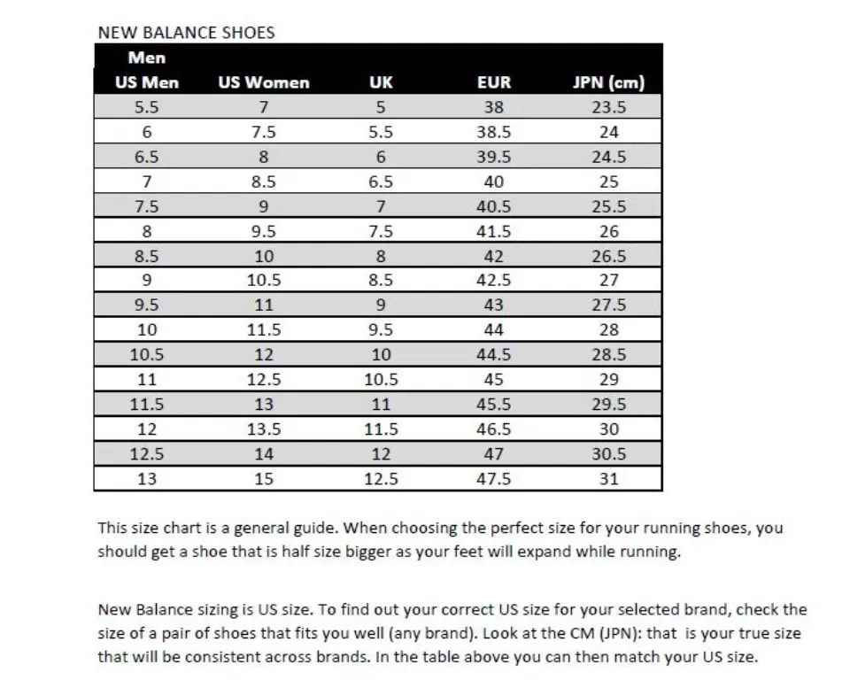 new balance running shoes size guide